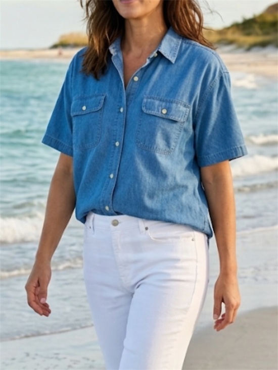 American Rave Tops - NWT American Rave Vintage Blue Denim Short Sleeve Button Down Shirt Pockets Sz L